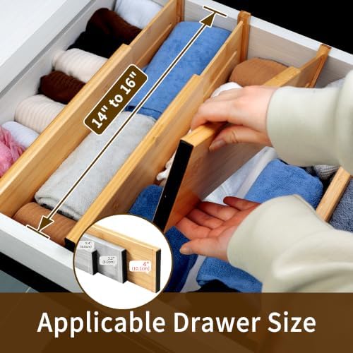 Utoplike Bamboo Drawer Organizer, 4" H Dresser Drawers Dividers for Clothes | Adjustable Deep Drawers Organizers for Clothing, Silverware, in Kitchen, Bathroom, Bedroom Drawer, Fit 14"-16" Drawers