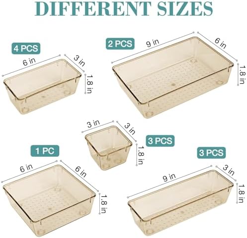 13 PCS Drawer Organizer Set, 5 Size Bathroom and kitchen organizer Trays | Bathroom and kitchen Drawer cabinet organizer Trays, Clear Storage Bins for Makeup, Jewelry, Utensils and Gadgets