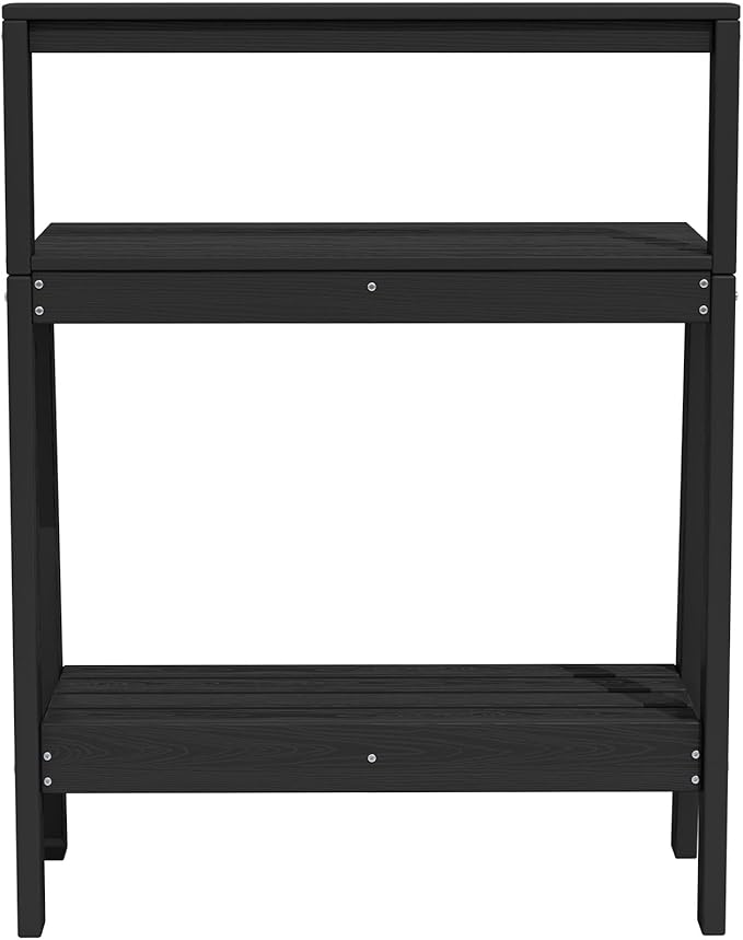 SERWALL Potting Bench Outdoor with Storage, 3-Tier HDPE Gardening Table with Angled Legs & Tool Hooks, All-Weather Heavy Duty Potting Table for Patio, Backyard, Garden, Black