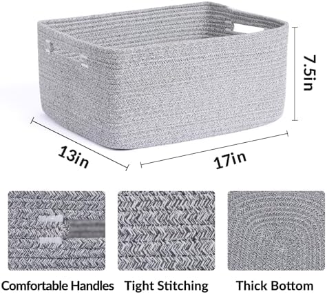 MiniArk Large Storage Baskets for Organizing, 17 x 13 x 7.5” Closet Shelf Baskets for Clothes Blanket Towels, Baby Nursery, Toy Bins Box, Woven Rope Baskets, 4 Packs Mixed Grey