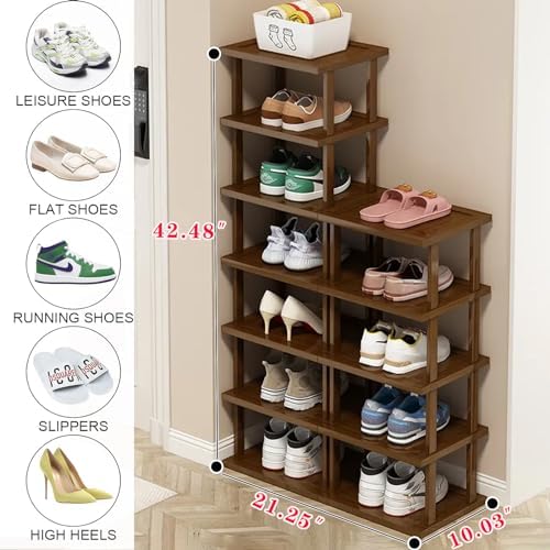 AFOORD Vertical Shoe Rack-Tall Narrow Shoe Rack Organizer for Small Spaces,12Tier Bamboo Shoen Shelf for Entryway,Closet,Corner,Doorway,Skinny Shoe Shelf Space Saving Shoe storage,Free Stackable DIY
