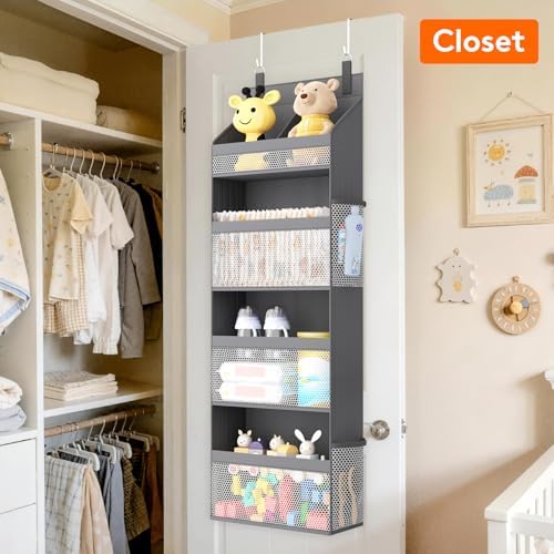 Lifewit 4 Tier Over the Door Organizer, Diaper Hanging Storage, Gray | Nursery Sturdy Large Heavy Duty Back of Door Shelf with 4 Mesh Side Pockets, for Baby Stuff Toy in Pantry, Laundry, Bathroom
