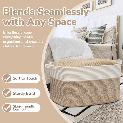 Goodpick Large Woven Rope Blanket Basket, Rectangle, White & Light Brown (Pack of 10)