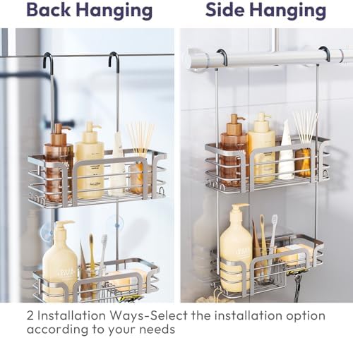 SWTYMIKI Shower Caddy Hanging Organizer - Over the Door Shower Caddy with Soap Holder, 11 Hooks, 2 Installation Ways, Stainless Steel Rustproof Bathroom Organizer, Sand Nickel