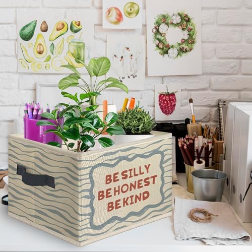 Inspirational Foldable Storage Bins Box with Handles, Be Silly Honest Kind Blue Striped Motivational Collapsible Toys Books Clothes Organizer Basket for Kids Nursery Room Bedroom Classroom