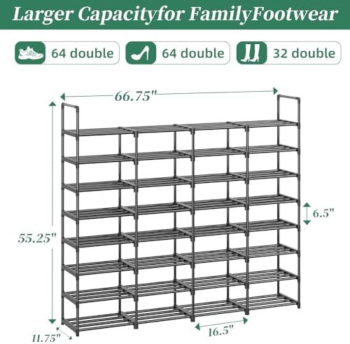 Simple Trending 8-Tier Shoe Rack Large Capacity 64 Pairs Tall Shoe Shelf, Sturdy Metal Shoe Organizer for Entryway, Closet, Bedroom, Black