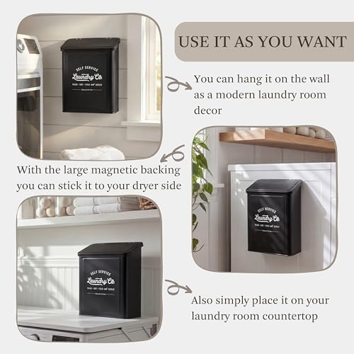 MONJITA Magnetic Lint Bin for Laundry Room, Metal Trash Can with Lid for Dryer, Farmhouse Lint Holder, Laundry Co Sign, Laundry Room Storage Decor with Dryer Lint Brush (Black-Dryer Ball Set)