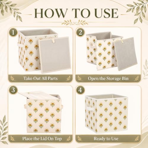 Bokon 6 Pcs 11'' Mustard Yellow Block Print Storage Bin Floral Storage Cube
