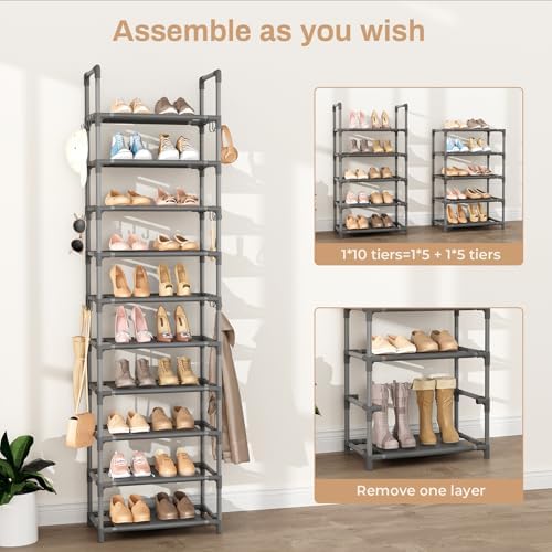 VTRIN 10 Tiers Tall Shoe Rack Holds 20-25 Pairs of Shoes Sturdy Vertical Shoe Organizer with 18pcs Hooks Stackable Narrow Shoe Rack for Closet, Entryway Grey