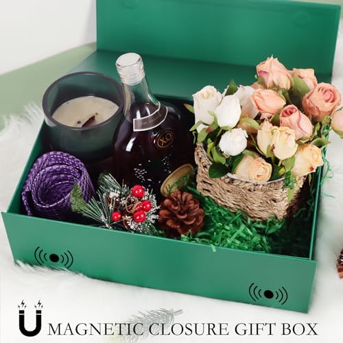 LFBOX Green Christmas Gift Box with Magnetic Lids 1 Pack | Large Bridesmaid Groomsman Proposal Boxes,13.8x8.3x4.4 in, Collapsible Rectangle Storage Box