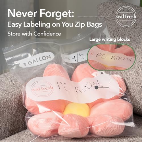 Seal Fresh 3 Gallon Large Plastic Storage Bags – 16" x 18" (90 Count) – Reusable XXL Extra Large Clear Jumbo Zip Bags with Sealable Zipper Top For Clothes, Travel, Moving