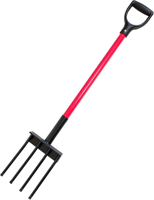 Bully Tools 4 Tines Spading Fork - Heavy Duty Garden Fork with Fiberglass Handle and Poly D-Grip Handle for Digging, Turning Soil, Compost Aeration, Root Crop Harvesting, Durable Steel Tines - 44-Inch