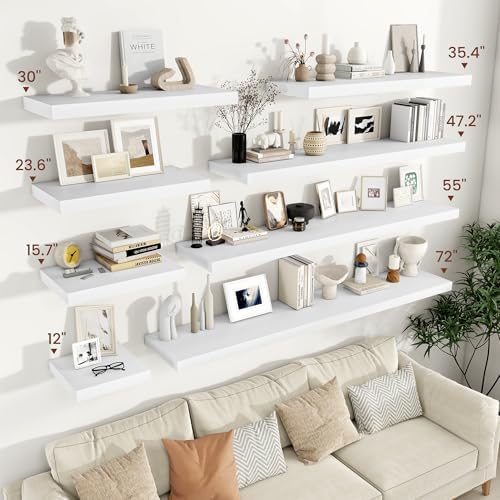 Vivelove 12 Deep Floating Shelves 30x12” Set of 2, White | Easy Install With Hardware, 2" Thick, Invisible Brackets, Wall Mounted, No Sagging, For Any Room