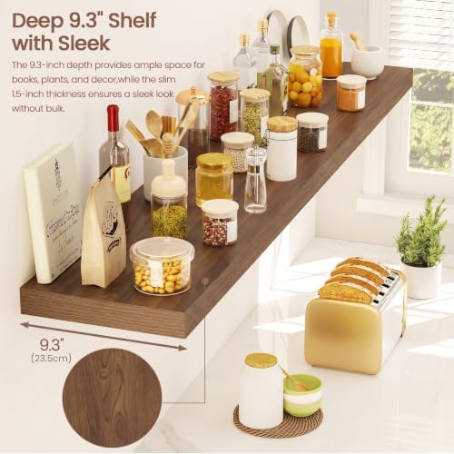 Vivelove Floating Shelves 9 inch Deep 48”Long Set of 2, Walnut | Easy Install With Hardware, 1.5" Thick, Invisible Brackets, Wall Mounted, No Sagging, For Any Room