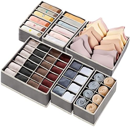 6 Pack Drawer Underwear Organizer, 59-Compartment Foldable Sock Bra Drawer Organizer Divider Fabric Dresser Closet Organizers and Storage Box for Storing Bra, Socks, Baby Clothes, Panty, Scarf, Ties