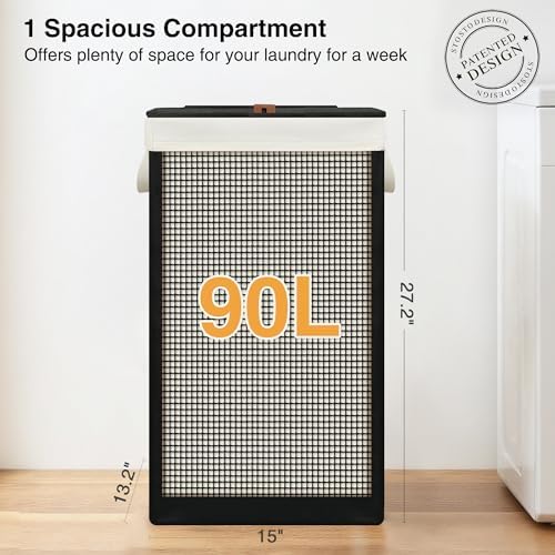 STO STO Laundry Hamper with Lid, 90L Sturdy Steel-Frame Clothes Hamper with Removable Washable Liner, Breathable Large Laundry Basket for Bedroom, Bathroom, Laundry Room, Dorm, Closet