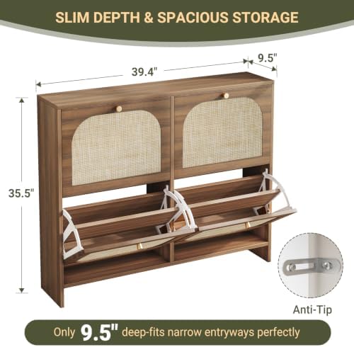 Nicetree Freestanding Ultra Slim Arched Accent Entryway Shoe Storage - 4 Flip Drawers & 3-Tier Adjustable Shelves, Modern Slim Shoe Cabinet for Hallway, Foyer (flip Down Shoe Cabinet | Amber Oak)