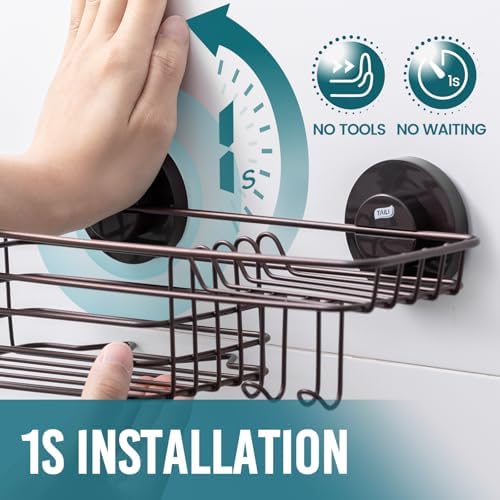 TAILI Shower Caddy Suction Cup with Hooks & Soap Holder, Brown Shower Shelf | Heavy Duty Bathroom Organizer, No Drilling Shelves for Inside Shower, Metal Storage Holder