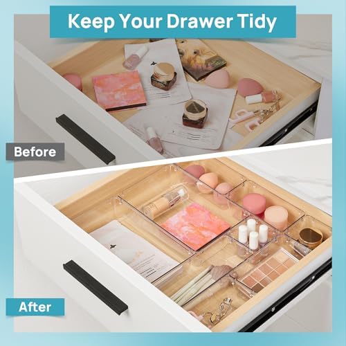 Vtopmart 10 Pack Clear Drawer Organizer Bins, 4 Sizes Makeup Storage Trays | Makeup & Vanity Storage Organizers for Drawers, Bathroom, Office and Daily Essentials, Clear Acrylic Bins Keep Items Sorted