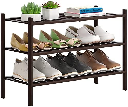 Bamboo Shoe Rack Stackable Shoe Shelf Storage Organizer for Unit Entryway Hallway and Closet Sturdy Freestanding Shoe Shelf(3 Tier Brown)
