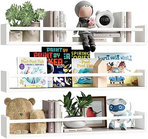Fixwal Floating Nursery Book Shelves for Wall, 23.6in, Set of 3, White | Solid wood shelves store kids' books, toys and clothing. Fits kids' room, playroom, nursery, living room, bedroom & bathroom.