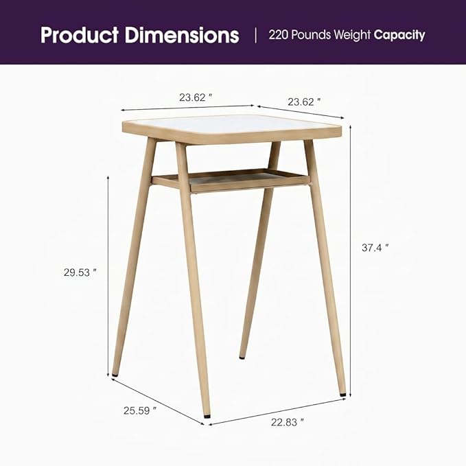 PURPLE LEAF Counter Height Bar Aluminum Table with Shelve for Indoor and Outdoor Garden Natural Wood Grain