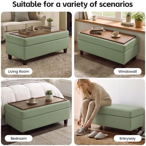 GENTEACO 45" Ottoman Coffee Table with Storage, Reversible Wooden Tray Top, Large Leather Upholstered Ottoman, Hidden Storage Foot Rest Bench for Living Room, Bedroom, Entryway,Green