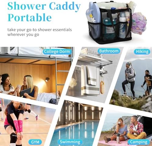 CUBETASTIC Shower Caddy Portable with 7 Outer Pockets – Double Handle Hanging Shower Tote for College Dorm, Quick-Dry 600D Polyester (Stain Resistant Bottom - Black)