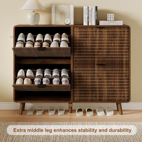 3imothrix Fluted Shoe Storage Cabinet with 4 Flip Drawers, Walnut