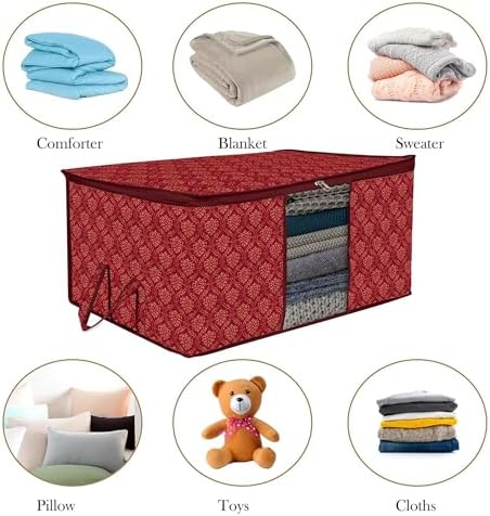 Kuber Industries (Pack of 12) Underbed Storage Bag | Golden Printed | Large Blanket Organizer | Clothing Storage Bag | Clear Window & Handle Storage Bag | Kambal Storage Bag | Maroon