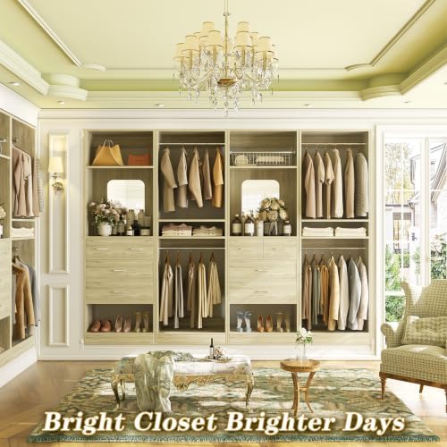 Unikito 100" Closet System with Drawers, 8.3FT Wood Closet Organizer with Hanging Rods, Mirror and Shelves, Large Walk-In Closet Organization Towers, White Oak