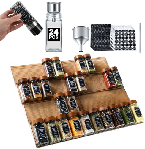 2 Pack Spice Rack with 24 Spice Jars, 4OZ Wood Lid Spice Containers with Expandable Spice Organizer Shelf, Spice Labels, Pepper Grinder Lids, Chalk Marker & Funnel Set for Drawer Kitchen Countertop
