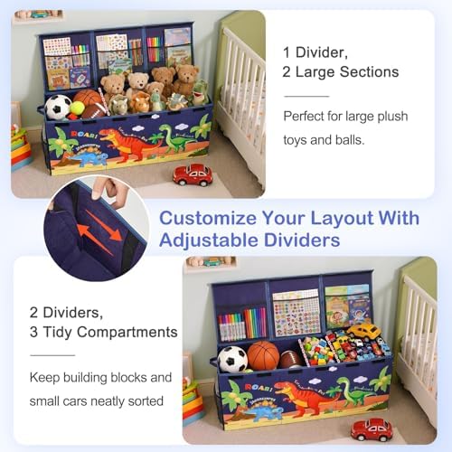 Toy Box with Adjustable Divider Large Toy Chest Storage for Nursery Kidroom | Extra large capacity, removable divider, top and side storage pockets, collapsible design, cute print for playroom decor