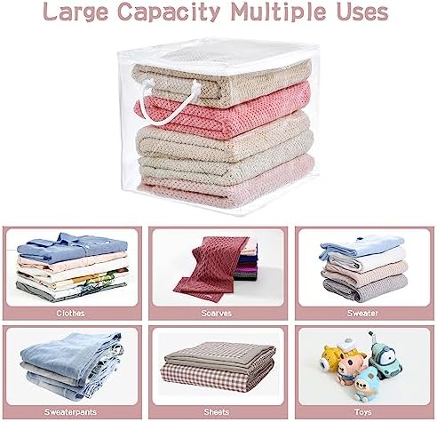 10-Pack Clear Zippered Storage Bags with Handles, Two-Way Zipper Foldable Closet Organizer, Bed Sheet Organizer, Plastic Storage Bin for Clothes, Towels