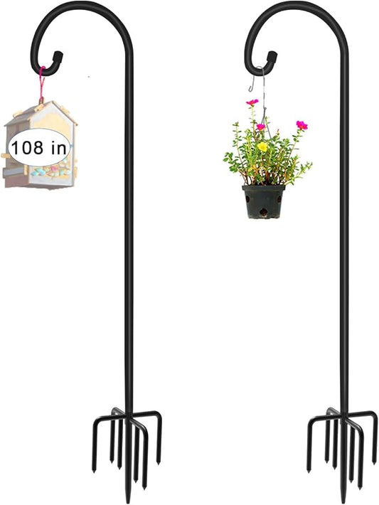 Artigarden 108 inch Outdoor Shepherd Hook with 5 Prong Base (2 Packs), Adjustable Heavy Duty Garden Hanging Stake for Bird Feeder Solar Light Plant Hanger Wedding Decor, Matte Black