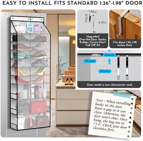 PAULONE Over the Door Organizer Heavy Duty – 96 Lbs Capacity 20 Pair Shoe Rack with Multi-Size Pockets Fits Tall Boots up to 11.8", Breathable Mesh, Metal Hooks – Also for Bags, Toys, Toiletries