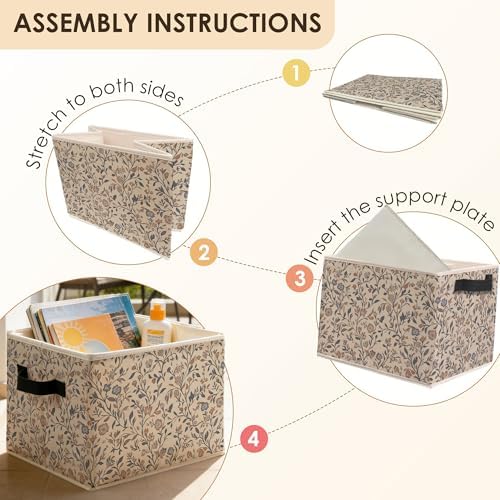 Vintage Rustic Floral Storage Bins Box with Handles, Rustic Cottagecore Wildflower Botanical Foldable Basket Toybox for Bedroom Bathroom Laundry Room Home Clothes Toys Books