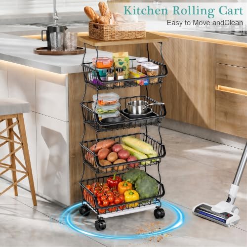 VECELO 5-Tier Fruit Basket with Wheels, Fruit and Vegetable Storage Cart for Kithchen, Stackable Produce Organizer Wire Baskets for Kitchen, Pantry, Living Room