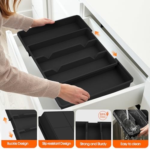 Large Expandable Silverware Drawer Organizer, Utensil Tray | Kitchen Drawer Organizer for Spoons/Forks/Knives, Multipurpose & BPA Free Cutlery Tray (1 Pack, Black)