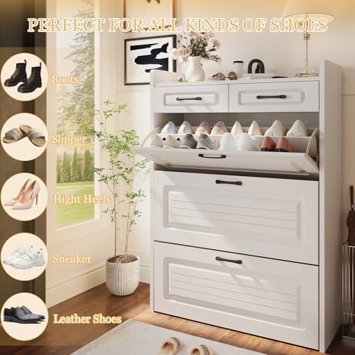 ODUWA Shoe Cabinet with 3 Flip Drawers and 2 Storage Drawers, Shoes Organizer Cabinets with Adjustable Divider, Hidden Shoe Storage Cabinet for Entryway, Hallway, Living Room, White