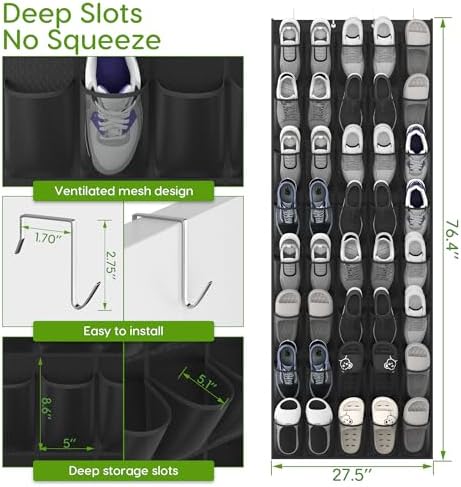 Over the Door Shoe Organizer with 40 Large Breathable Mesh Pockets, Space Saving Shoe Holder, Hanging Shoe Rack for Entryway Bedroom Closet Storage (Black, 80 Pockets)