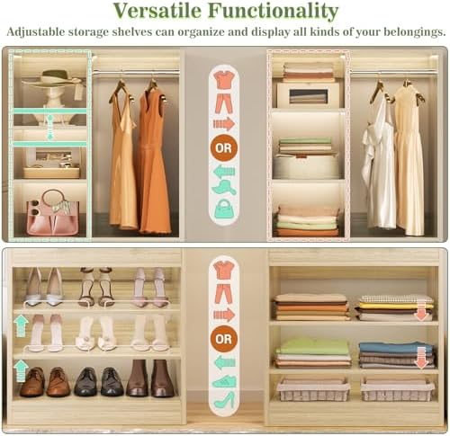 Closet System with 4 Drawers and Hanging Rods, 59.5"L / 87"L Closet Organizer System with Corner Tower, L Shaped Walk-in Closet System, Corner Closet System with Shelves, Set of 3, Greige Oak