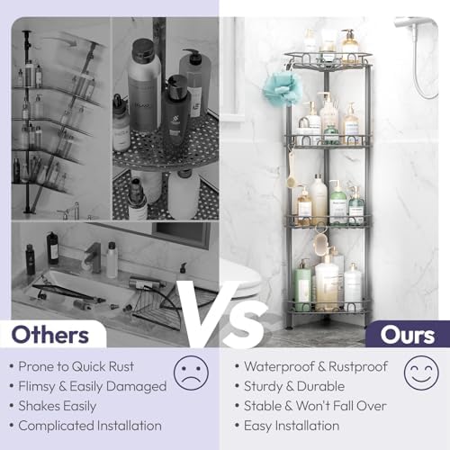 SWTYMIKI Standing Shower Caddy Corner - 4‑Tier Stainless Steel Shower Organizer Shelf with 12 Hooks and Adhesive Pads, Rustproof Corner Shelves Stand Rack for Bathroom Shower Room, Gray