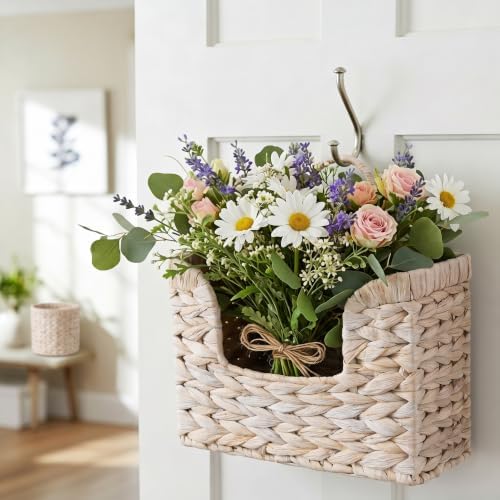 Set of 2 Magazine Holder Wall Basket Water Hyacinth Woven Mail Organizer, Wicker Wall Hanging Baskets for Magazines, Letters & Storage Decorative Mail Holder, Magazine Rack, Hanging Basket, Whitewash