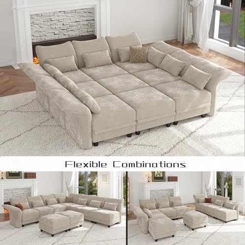 LLappuil 102" Modular Sectional Sofa with Storage Seat, Cozy Chenille Sleeper Sectional Couches for Living Room with Adjustable Armrest Backrest, Khaki