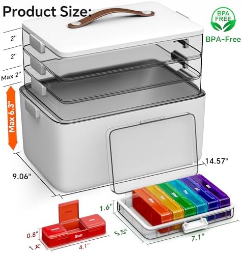 CTIME 4-Tier Extra-Large Medicine Organizer with Portable Pill Case Empty | Multipurpose Medical Box, Pill Organizer for Home Needs, Clear Visible Lids, Neatly Categorized, Home & Travel Essentials