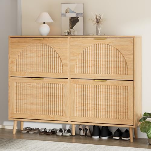 Shoe Storage Cabinet with 4 Flip Drawers, Narrow Wood Shoe Organizer Cabinet with Fluted Panel, Slim Shoe Rack for Entryway, Freestanding Shoe Cabinet for Living Room, Hallway, Wood Color
