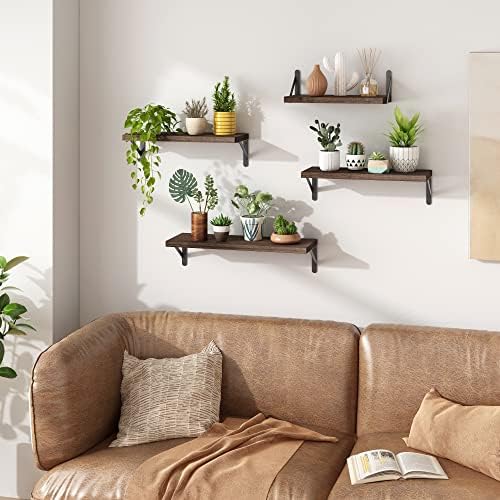 YGEOMER 4 Different Sizes Floating Shelves for Wall Decor, Dark Carbonized | Rustic wood shelves in mixed sizes for flexible combined storage. Fits bathroom, kitchen, living room, bedroom and office.