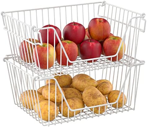 Stackable Wire Metal Baskets Cabinet Organizer Sturdy Metal Wire Pantry Freezer Bin for Home Bathroom Kitchen Friut Vegetable Organization, White - Set of 2