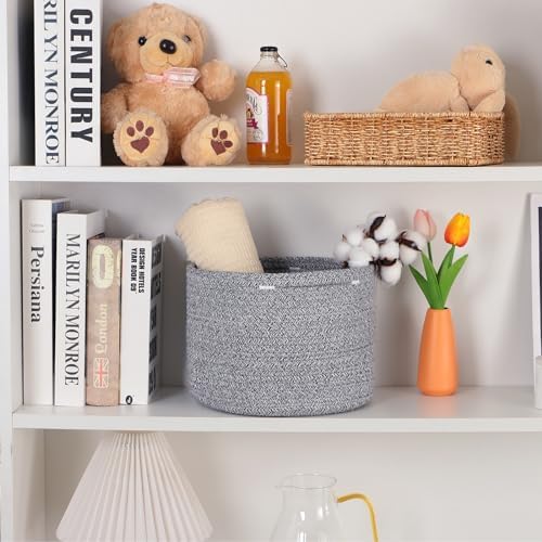 MiniArk Small Basket for Organizing | Cube Shelf Closet Storage Baskets | 9.7×9.7×7.1” | Woven Rope Gift Basket | Nursery | Round 3 Packs Mixed Grey